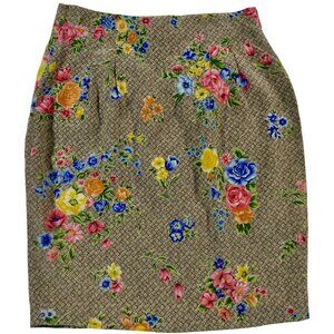 Diane Von Furstenberg Vintage 90's Silk Floral Basket Print Midi Skirt 14 Colorf